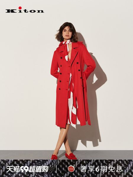 Trench Coats femininos Primavera Red Cashmere Trespassado Casacos longos