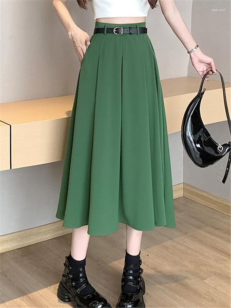 Röcke Hohe Taille Grün Frauen Plissee Midi mit Gürtel 2023 Frühling Sommer Elegante Büro Dame Regenschirm Chic Weibliche