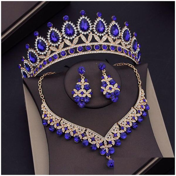 Conjuntos de jóias barroco azul cristal nupcial para mulheres tiaras coroa brincos colar vestido de noiva dubai conjunto 230216 entrega direta dhiub