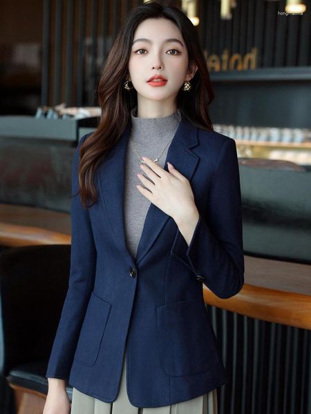 Ternos femininos 2023 outono azul entalhado um botão terno casaco mulher coreano manga longa all-match feminino cinza magro balazer topos casual simples