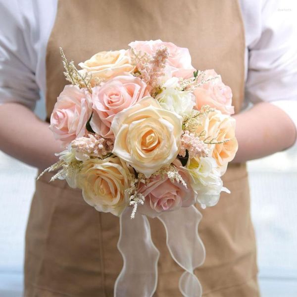 Flores decorativas rosas artificiais resistentes ao desbotamento, buquês multicoloridos realistas com laços de fita, folhas verdes para casamentos