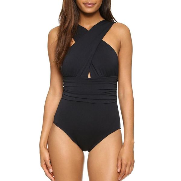 Moda-preto vermelho sexy cruz halter mulheres banho de uma peça maiô preto vermelho sólido mulheres fatos de banho beach wear swim293l