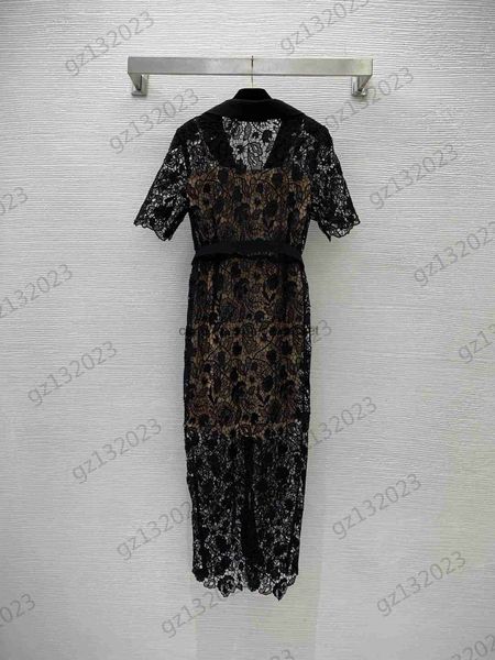 Etekler Yaz Elbiseleri Kadın Dantel Su Çözünür Çiçek Kumaş V Yağ Kısa Kollu Elbise Özel Düğmesi Korse Bel Slim Uzun Etek Moda Tasarımcısı 1970L230908