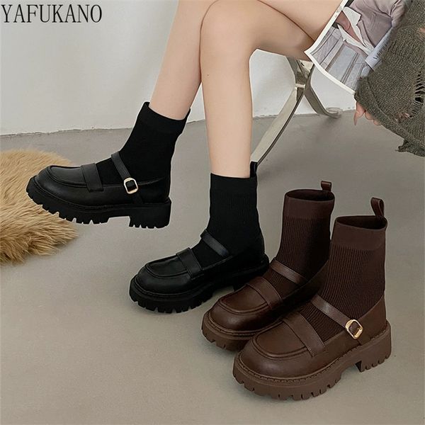 Botas preto grosso sola mulheres outono magro meias elásticas fivela vintage curto 230907