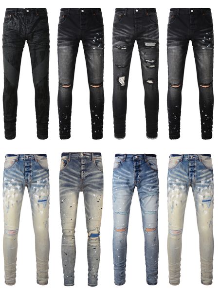 Lila Jeans, Designer-Jeans für Herren, gestapelte Jeans für Herren, Baggy-Denim, Tränen, europäische Jeans, Herrenhose, Biker-Stickerei, Jeans für Herren, schmale Passform