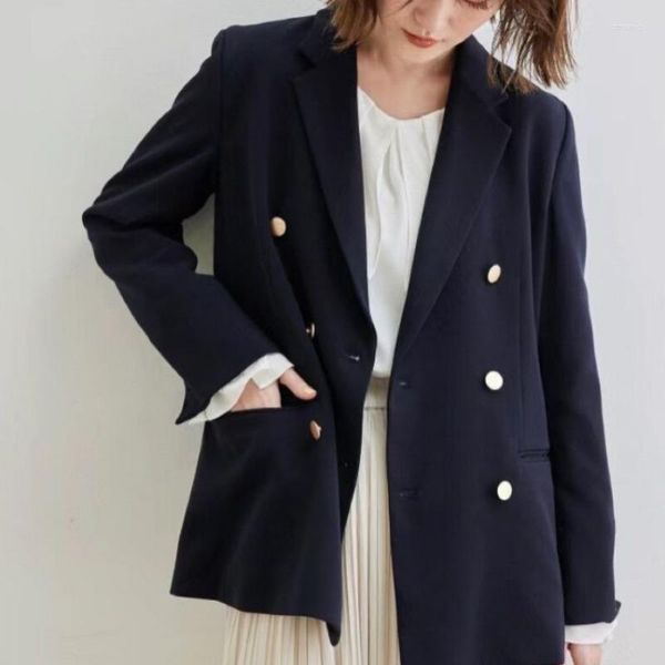 Женские костюмы, пиджаки с зубчатым воротником, куртки, элегантные свободные повседневные двубортные офисные женские однотонные пальто, осень 2023, японские