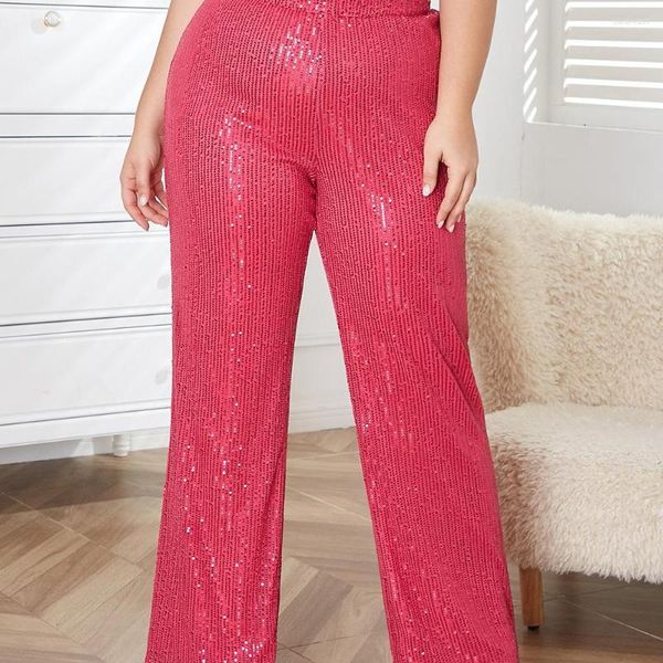 Hosen Elegante Plus Größe Frauen 3XL Verrückte Rosa Pailletten Perlen Glänzende Hosen Hohe Taille Weibliche Unten