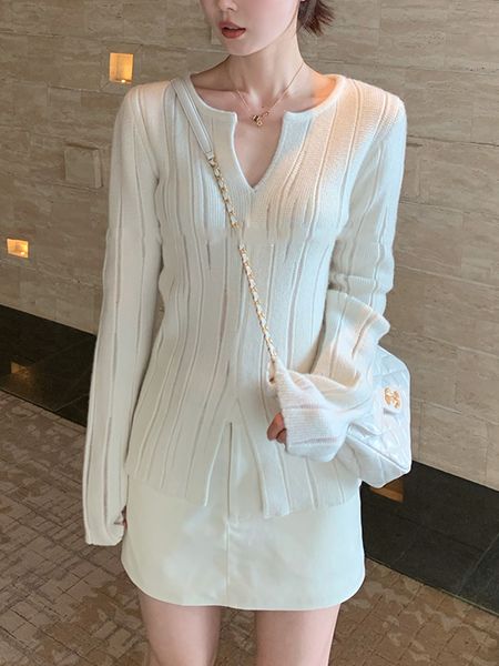 Maglione bianco da donna Perla Oyster Hollow Open Split Scollo a V Top Cut-out Abbigliamento donna Dicksoniaceae Maglione bianco Stile elegante