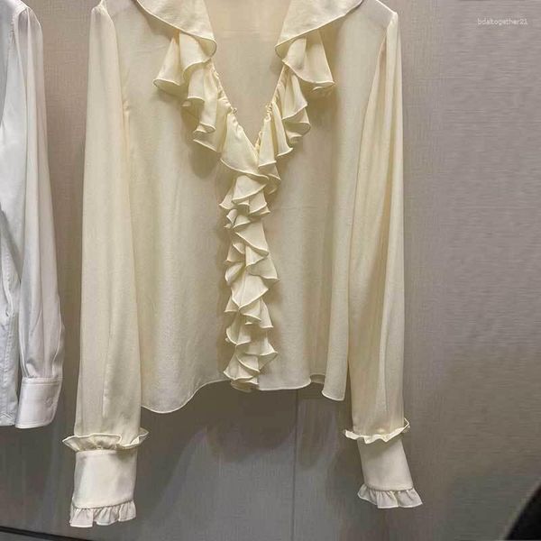Blusas femininas senhora sola-seda bege blusa moda profundo decote em v babado design manga longa camisa solta elegante feminino roupas de alta qualidade 2023