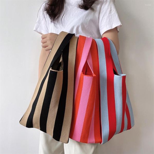 Alışveriş çantaları çizgili örgü çanta kadın omuz moda içi boş bayanlar kadın dokuma alışveriş çantası bayan çapraz gövde el çantası