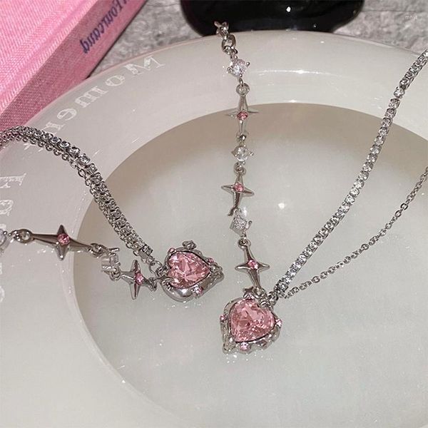 Girocollo Y2K Collana con cuore in cristallo rosa Croce coreana Stella Zirocn Catena Amore Grunge Egirl Viola Gioielli da donna