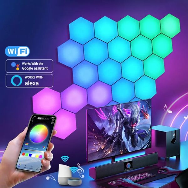 USB LED Altı Hexagon Işık RGB Akıllı Duvar Lambası WiFi Bluetooth Müzik Senkronizasyon Işıkları Mutlu Doğum Günü Yatak Odası Oyun Odası Dekorasyonu
