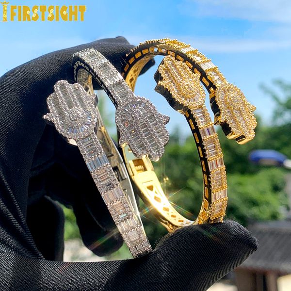 Bracciale Iced Out Bling Eyes Of The Angel Of Fatima Bracciale CZ Zircone Hamsa Bracciale aperto a mano per uomo Donna Gioielli di lusso Hiphop 230908