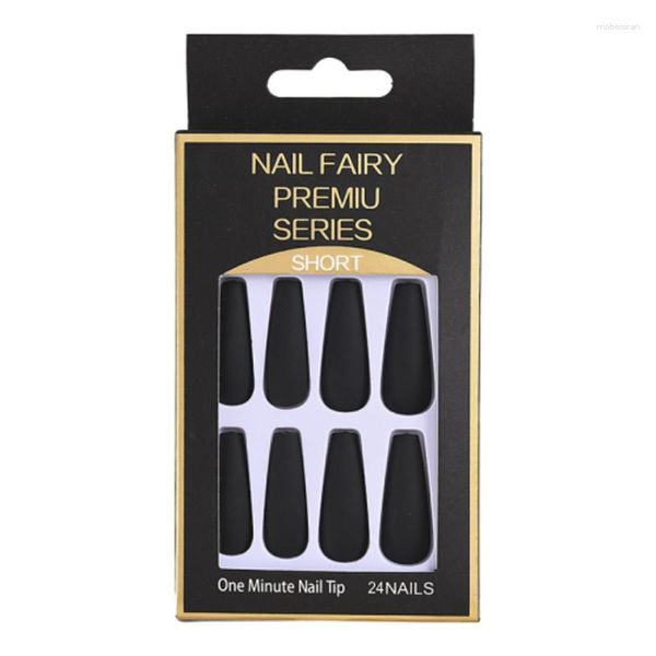 Unhas falsas foscas falsas 24pcs longo caixão wearable preto stick-on press em pontas de unhas de cobertura completa