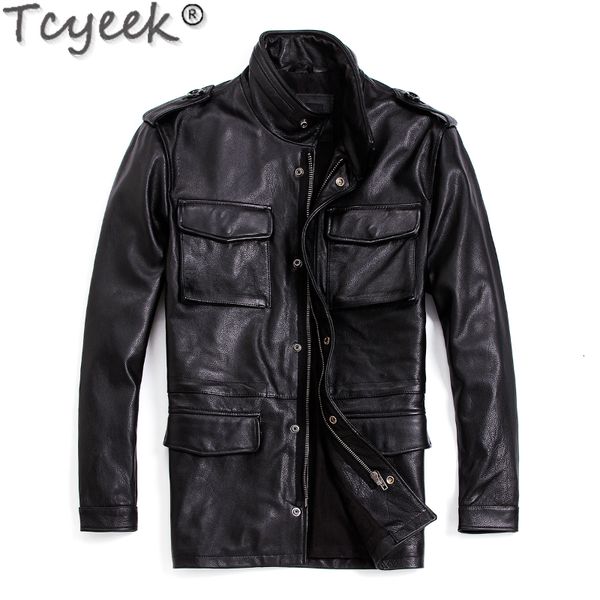 Giacca da uomo in pelle finta Tcyeek in pelle bovina genuina Abbigliamento da uomo Moto Safaried M65 Trench di media lunghezza Jaqueta Masculina 230908