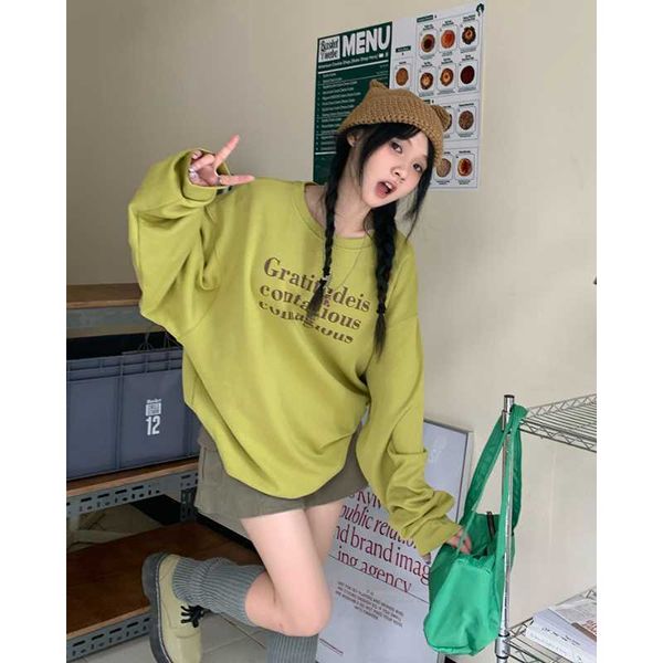 Deeptown Koreanischen Stil Brief Drucken Grün Sweatshirt Frauen Harajuku Vintage Oversize Langarm Top Kpop Streetwear Hippie Tops