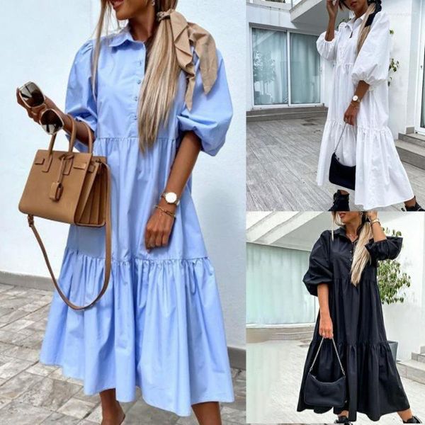 Lässige Kleider Damen Midi-Hemdkleid Weiß Schwarz Blau Großer Saum Raffung Baumwollmischung Halbarm Umlegekragen Streetwear
