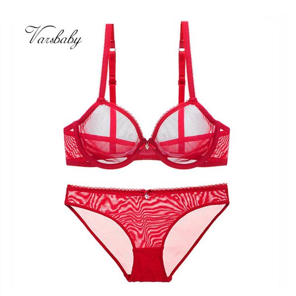 Set di reggiseni Varsbaby Set di lingerie in filato trasparente grande rosso sexy con fiocco in strass, reggiseno e mutandine trasparenti241u