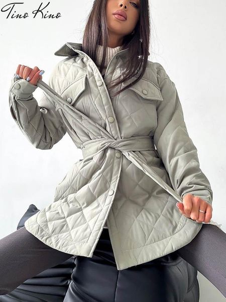 Damen-Daunenparka, locker gepolstert, lang, lang, Damen-Winterjacke, lässig, Umlegekragen, Gürtel, gerader Mantel, Büro-Dame, Oberbekleidung, Damenkleidung 230907