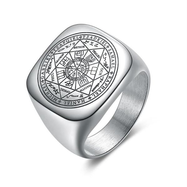 Bagues salomon pour hommes, couleur argent, Runes magiques, chevalière en acier inoxydable, amulette païenne, bijoux masculins 289K