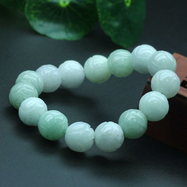 13 mm natürliche Jadeit-Lotusperle, elastisches Armband, Charm-Schmuckzubehör, handgeschnitztes Jade-Glücks-Amulett für Damen