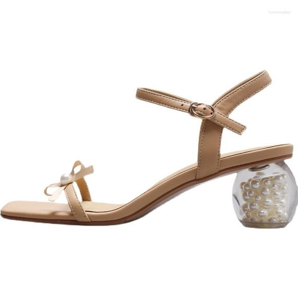 Sandali Estate Donna Stile Fata Moda Punta quadrata Pizzo Festa Matrimonio Tacchi alti Elegante Perla Tacco medio Scarpe da donna