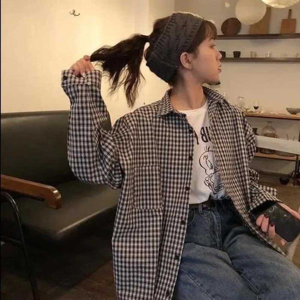 Deeptown Vintage Oversize Plaid Bluse Frauen Koreanische Adrette Check Shirts Weibliche Harajuku Mode Casual Langarm Tops