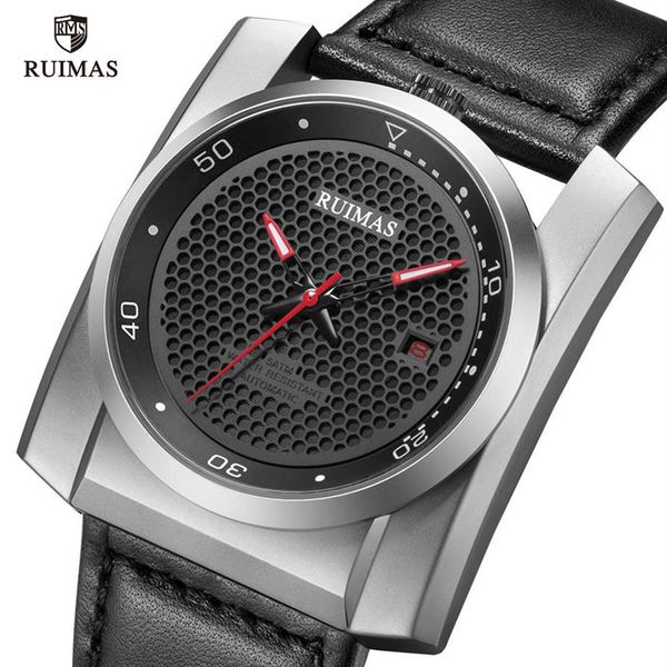 Ruimas militar esporte relógios automáticos masculino quadrado favo de mel dial relógio de pulso mecânico homem luxo couro à prova dwaterproof água 6775351v