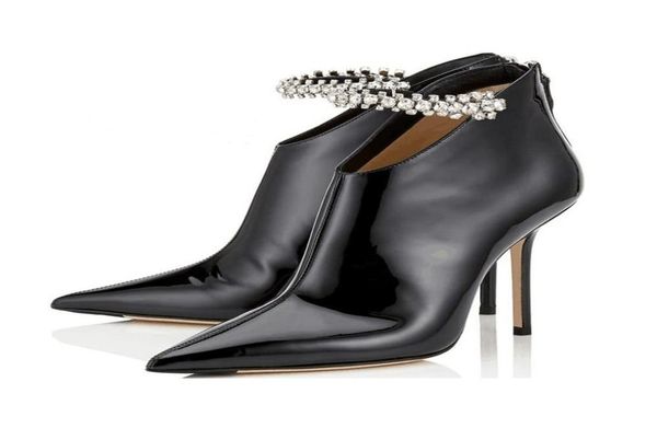 Stivaletti con strass moda invernale scarpe a punta tacchi alti in pelle verniciata nera scarpe da donna con cerniera calzature taglie forti