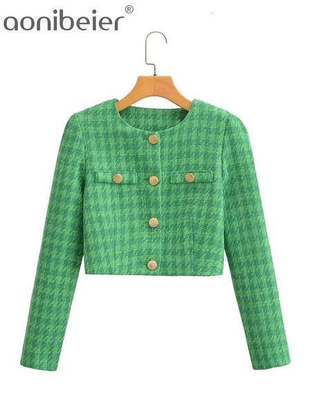 Damenanzüge-Blazer Aonibeier Frühlingsfrauen-Tweed-Jacke Traf-Metallknöpfe Taillierte Hahnentritt-Blazer Weibliche schicke Tops Kurzmäntel Grün 230908