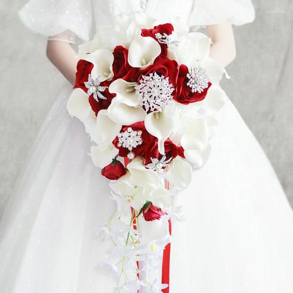 Düğün Çiçekleri Romantik Yapay Şelale Calla Lily Buket Gelin Çiçek Rhinestone Gözyaşı Tutma De Fleur Mariage Party