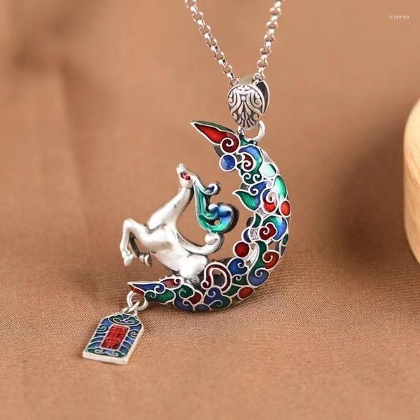 Anhänger Halsketten Silber Farbe Tropfen Kleber Handwerk Mond Sika Deer China-Chic Cloisonne Auspicious Cloud Weibliche Halskette Schmuck