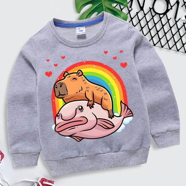 Felpe con cappuccio Felpe Capybara Giant Graphics Ragazze Ragazzi Rainbow Hearts Moletom Infantil Harajuku Animal Felpa Divertente Marca Abbigliamento per bambini 230907