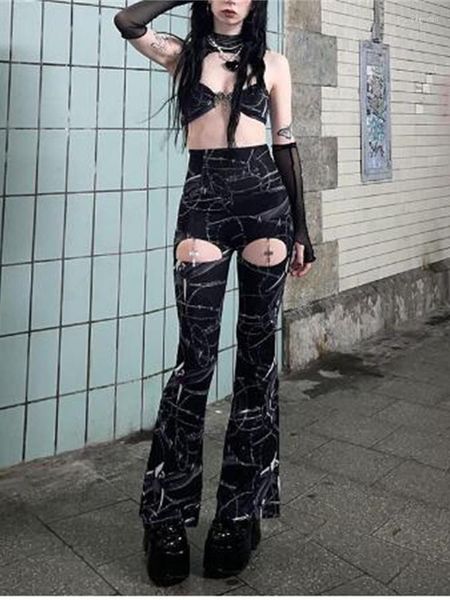 Damenhose Gothic Dark Mall Mesh Sheer Flare Pant 2023 Vintage Thorns Bedruckte Hose Techwear Cut Out Hose Y2k Grunge Style