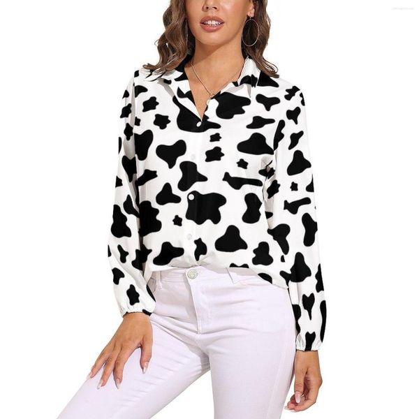 Camicette da donna Camicetta da fattoria divertente Stampa di mucca bianca nera Camicia da strada da donna stampata alla moda Camicia oversize a maniche lunghe autunnale