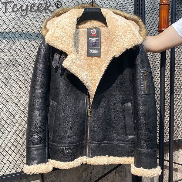 Männer Leder Faux Tcyeek Natürliche Pelzmantel Männer Kleidung Echte Jacke Männliche Waschbär Echt Kragen Mäntel Motorrad Mit Kapuze Jacken Cjk096 230908