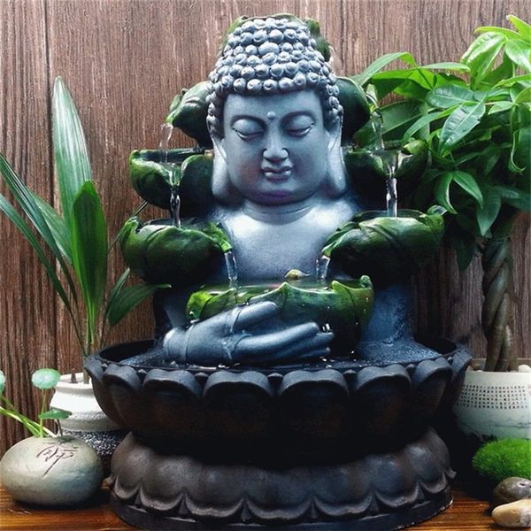 Kreative Wohndekorationen Harz Fließendes Wasser Wasserfall Led Brunnen Buddha Statue Glück Feng Shui Ornamente Landschaft Dekor T2003301x