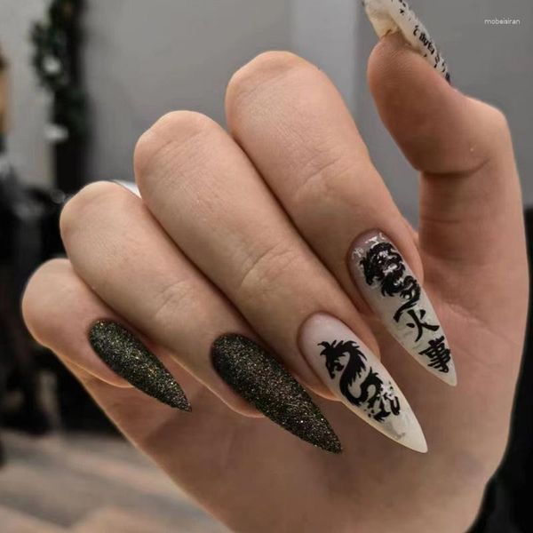 Unghie finte modello drago punk lungo artificiale con colla Nail art indossabile in stile inchiostro finto staccabile dal design nero 24