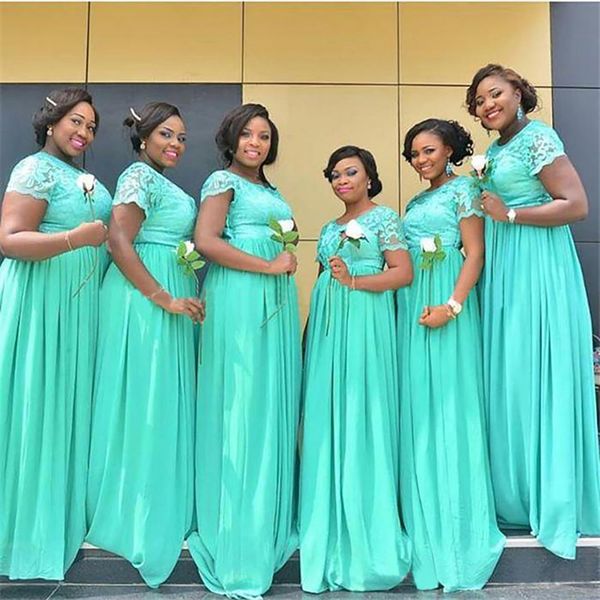 Модные нигерийские платья подружки невесты 2023 года с прозрачным кружевом и круглым вырезом, скромные бирюзовые шифоновые длинные свадебные платья с короткими рукавами