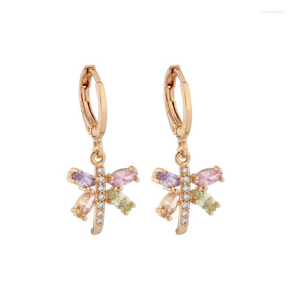 Orecchini pendenti a forma di libellula Design goccia Gioielli da donna di lusso Colore oro Zircone naturale multicolore Matrimonio alla moda