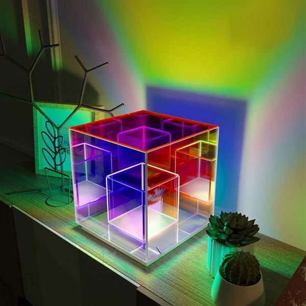 Tischlampen Decorazione cubo luce notturna rgb atmosfera corlorful acrilico cubo magico lampada da tavolo ristorante illuminazione276J