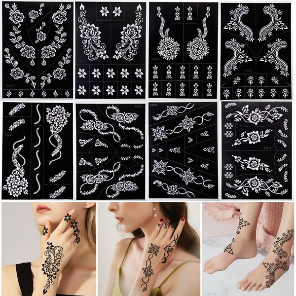 Altro Fornitura per trucco permanente Stencil per tatuaggio all'henné con aerografo da 8 fogli Set per adesivo temporaneo per pittura body art a mano 24 17 CM 230907