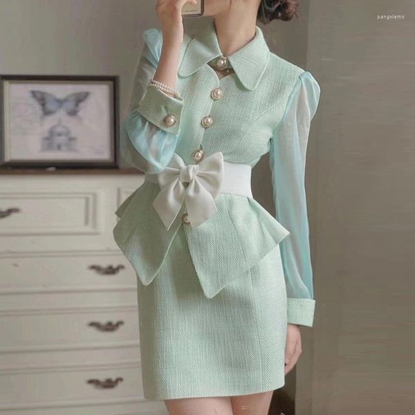 Zweiteiliges Kleid Frühling Herbst Vintage Set Frauen Revers Crop Top Schlank Bogen Gürtel Kurze Jacke Mantel Mini Röcke Sets Süße 2 Anzüge