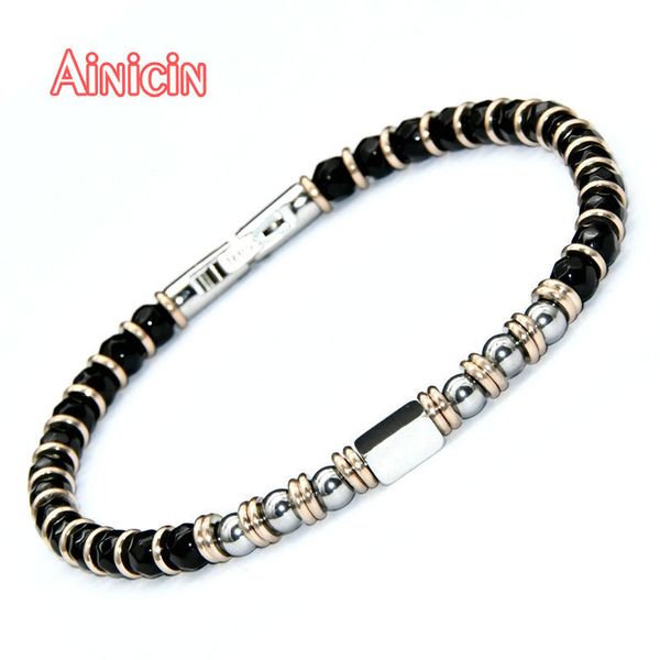 Charme pulseiras de alta qualidade preto facetado ágata contas redondas pulseira de aço inoxidável para moda jóias masculinas 230907