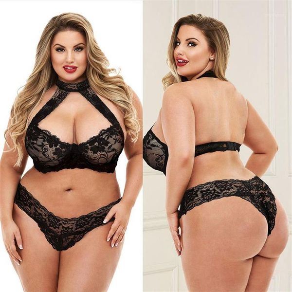 Novos conjuntos de lingerie plus size feminino sexy roupa interior sutiã e calcinha erótica halter terno de renda para mulher gorda 3xl-5xl sleepwear1251u