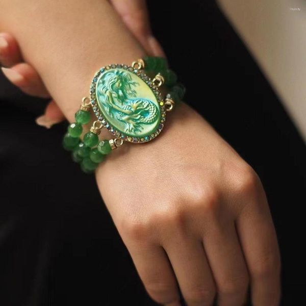 Braccialetti a maglie Bracciale a forma di sirena vintage in vetro opale con perline verdi per donna