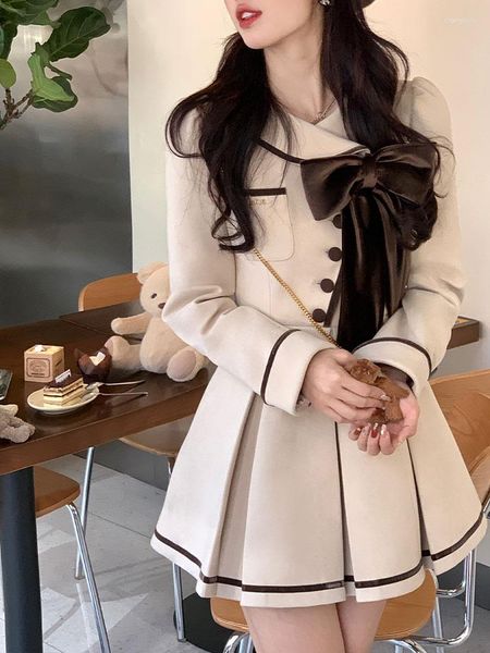 Vestidos casuais francês vintage elegante vestido plissado feminino arco estilo coreano festa mini mulheres manga longa retro doce casaco bonito 2023