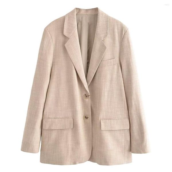 Abiti da donna Autunno Donna Temperamento albicocca Giacca blazer casual allentata Cappotto monopetto con trama in lino e cotone sottile