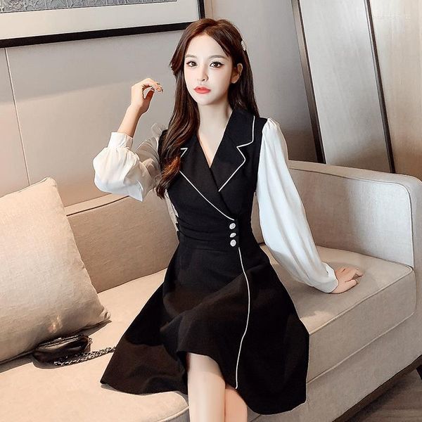 Casual Kleider Lange Ärmel Frühling Herbst Blazer Kragen Schwarz Mittellange Büro Elegante Party Frauen 2023 Koreanische frauen Kleidung frauen