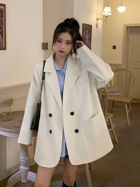 Abiti da donna Lnsozkdg Abbigliamento donna Solid Blazer Primavera Autunno Doppio petto Allentato coreano Semplice femminile Colletto dentellato Tasca Outwear